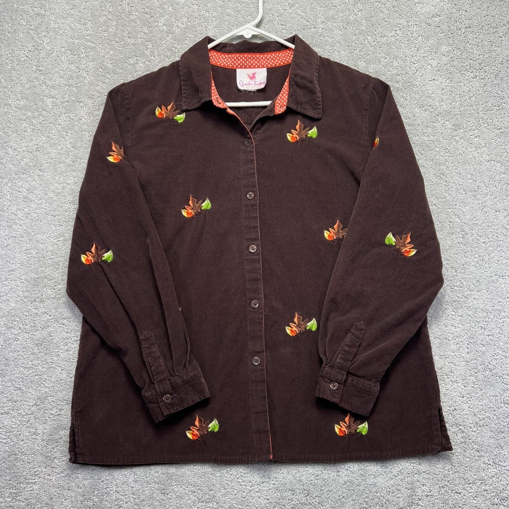 Quacker Factory Corduroy Shirt Womens Large Brown Embroidered Leaf Button Up